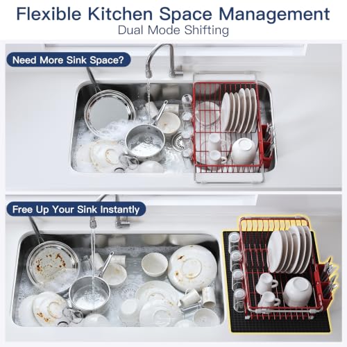 Image of JASIWAY Red Dish Drying Rack in Sink with Mat, Cups and Utensil Holder