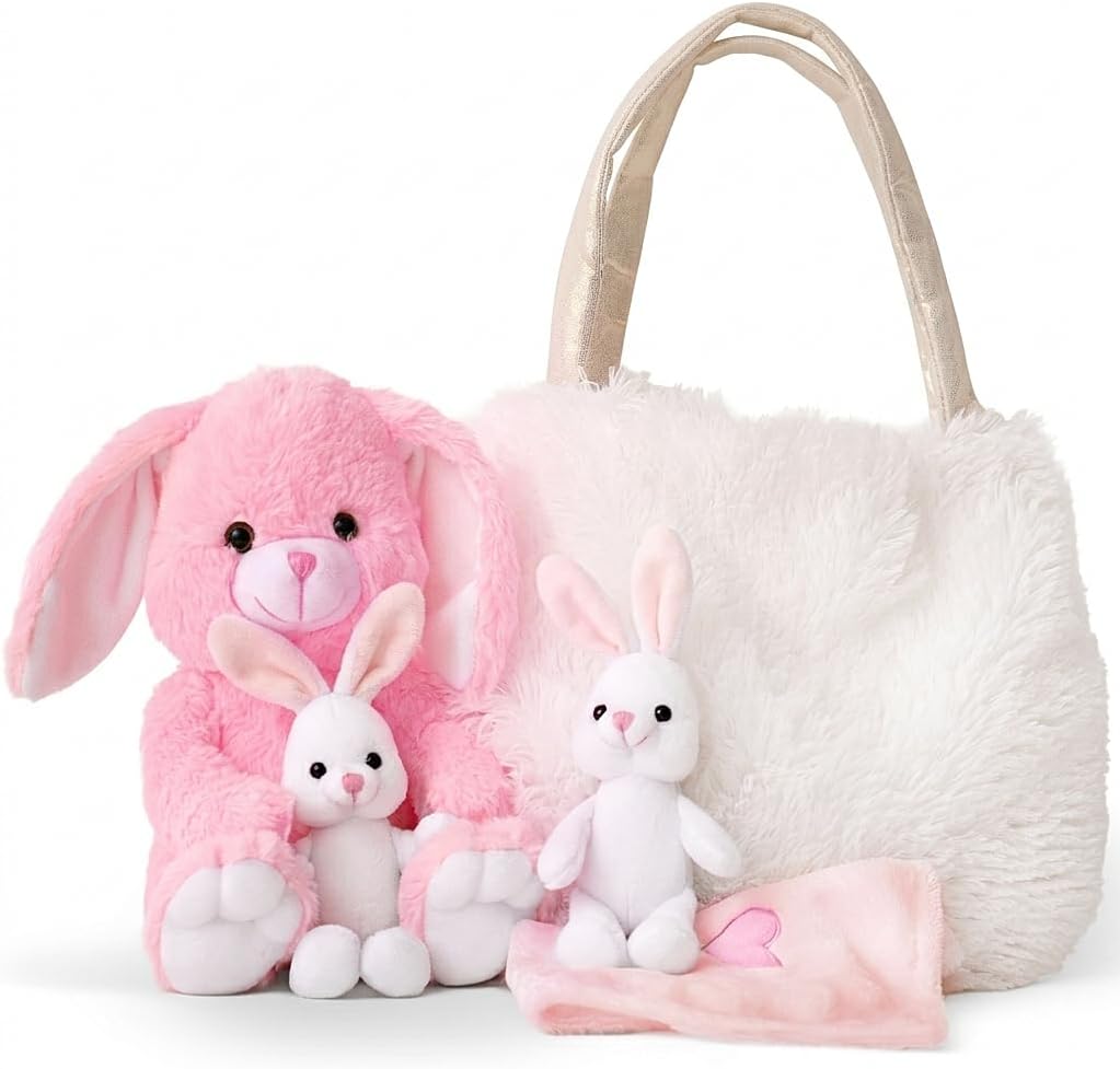 Perfectto Design Easter Gifts for Kids, Stuffed Bunny Toy 5 Pcs - Mommy Stuffed Rabbit, 2 Baby Bunnies and Furry Bag. Soft Easter Bunny Plush Gift for Kids 3-5