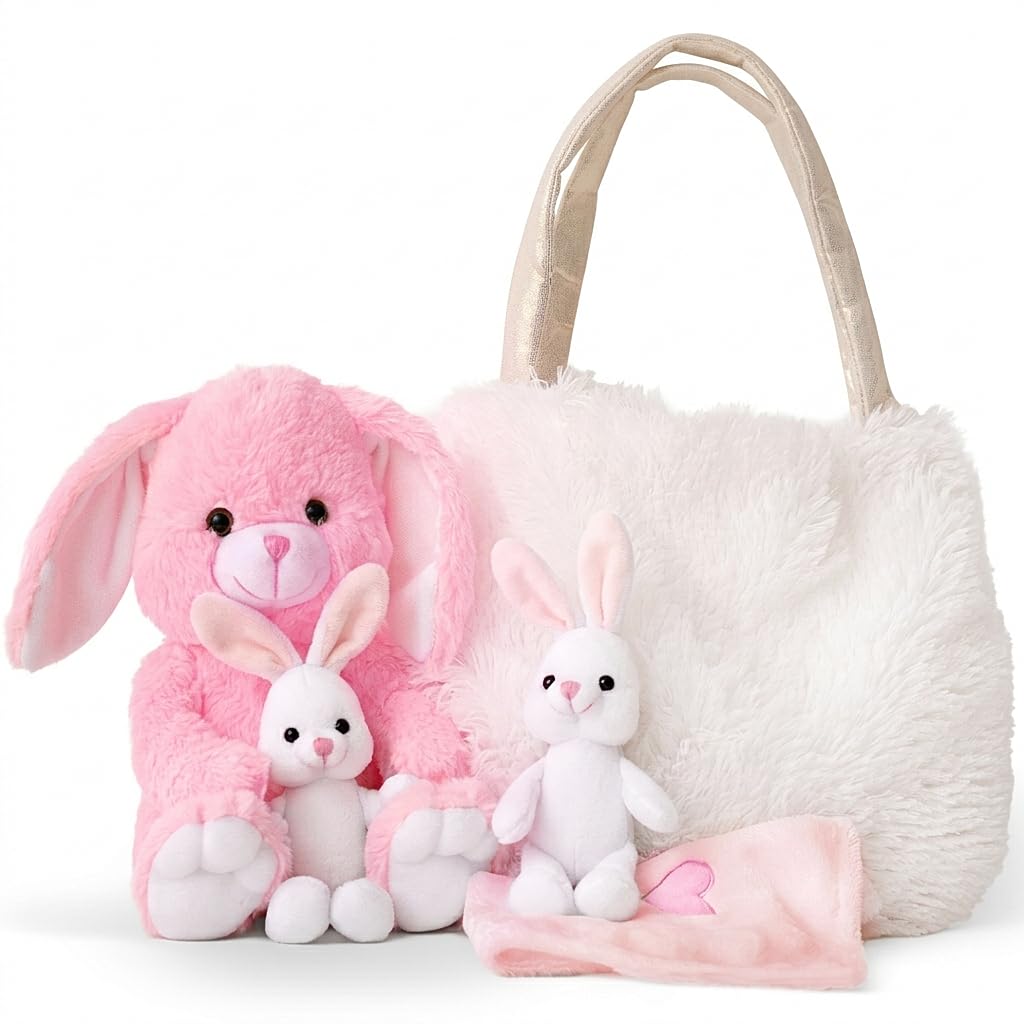 Perfectto Design Easter Gifts for Kids, Stuffed Bunny Toy 5 Pcs - Mommy Stuffed Rabbit, 2 Baby Bunnies and Furry Bag. Soft Easter Bunny Plush Gift for Kids 3-5
