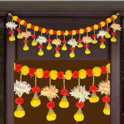 Image of iHandikart Handmade (40 Inch) Decorative Bandanwar with Marigold, Artificial Flowers, Golden Bells & Beads Traditional Door Bandanwar for Makar Sankranti, Lohri, Home Decor & Housewarming (B0066)