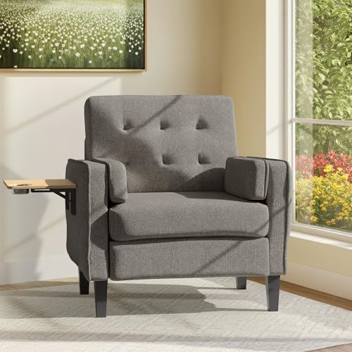 Image of Chenille Accent Chair, Mid Century Modern Arm Chair with Foldable Wooden Side Table & Cup Holder - Comfy Reading Chair for Bedroom,Living Room Chairs,Single Sofa Chair, Dark Grey