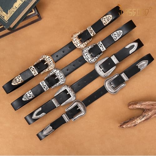 Image of JASGOOD Double Buckle Western Belts for Woman Cowgirl Country Belt Vintage Black Leather Belt for Jeans Pants Dresses