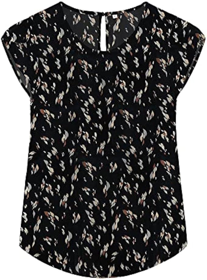 TASAMO Women's Casual Round Neck Basic Pleated Top Cap Sleeve Curved Keyhole Back Chiffon Blouse