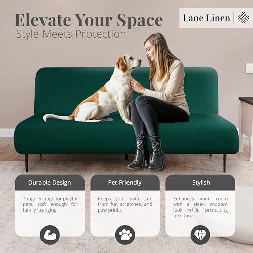 LANE LINEN Futon Couch Bed Cover - Soft Stretchable Couch Cover, Textured Fabric Sofa Protector, Easy to Use Mattress Cover with Elastic Bottom, Machine Washable - Dark Green - Image 4