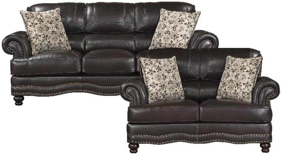 Milford Brown Faux Leather 2-Piece Sofa Set with Nailhead Trim