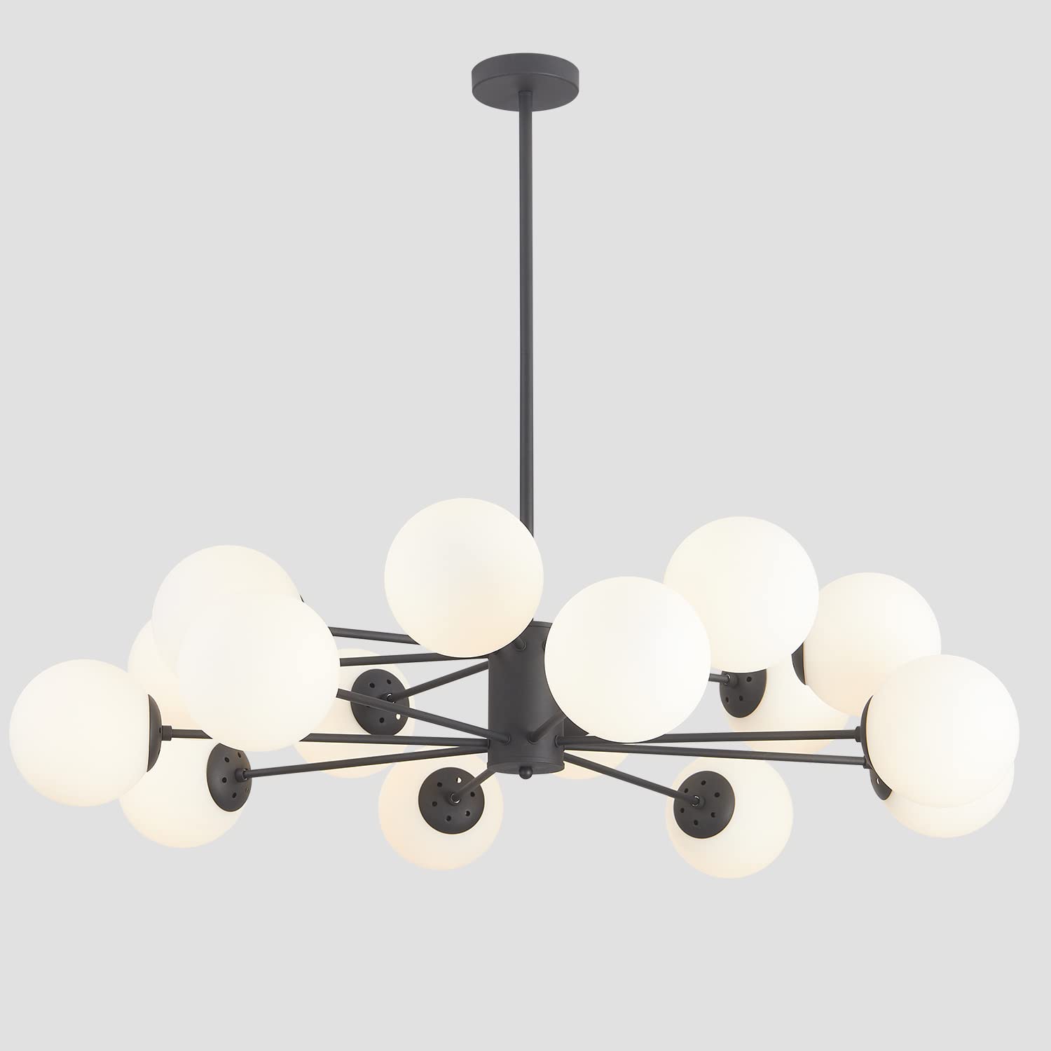 KCO Lighting Modern 16-Light Milk Glass Ball Chandelier Matte Black Globe Sputnik Chandelier Ceiling Mount Mid Century Modern Chandelier Kitchen Island Dining Room Light Fixture (Black+White)
