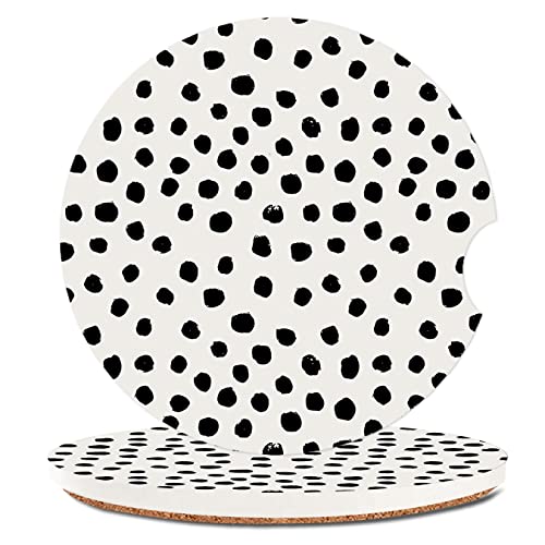 SXboxing Absorbent Car Cupholder Coaster 2 Pack,Ceramic Stone with a Finger Notch for Women & Lady,Cork Base Drink Coasters 2.56 Inch,Cute Auto Accessories Gifts - Cute Black Polka Dot