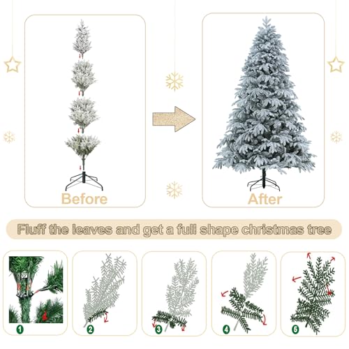 Image of FairyHaus Christmas Tree 9 ft, Prelit Flocked Christmas Tree with 10 Function Lights, Warm White & Multi-Colors, Easy Assembly, Hinged Christmas Trees Prelit with Metal Base, 650 Lights