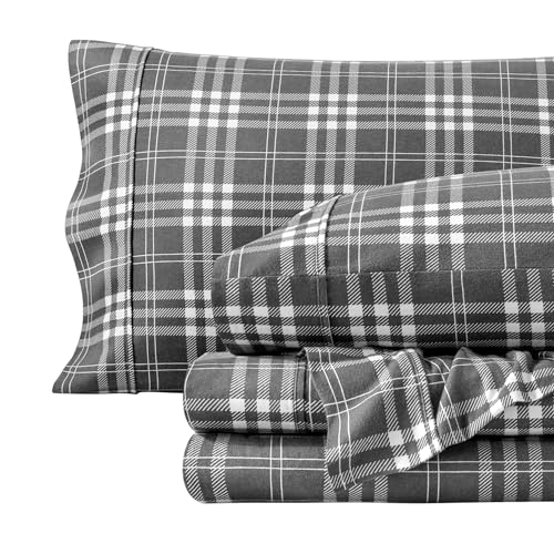 Bare Home Cotton Flannel Sheet Set Prints, Bed Linen Set, Double Brushed Flannel for Extra Softness & Comfort, 4 Piece, Queen, Stirling Plaid - Grey/White