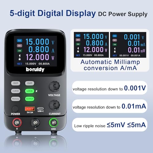 Image of DC Power Supply Variable 30V 10A,boruidy 5 Digit TFT Display 0.01mA 0.1mV Double Curve Bench Power Supply with OCP /OVP Storage Function Power Supplies Suitable for Power Consumption Calculation
