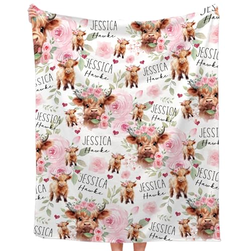 Personalized Highland Cows Blanket Gifts Custom Blanket with Name Super Soft Lightweight Flannel Blankets Throw for Baby Kids Adult, Suitable for Couch Sofa Bed All Seasons 30