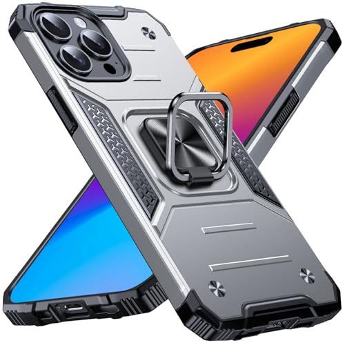 Image of Anqrp Heavy Duty Case for iPhone 15 Pro Case with Enhanced Ring Holder Grip Stand, Military Grade Shockproof Rugged Drop Protective Silicone Hard Slim iPhone 15 Pro Phone Case Cover,Silver