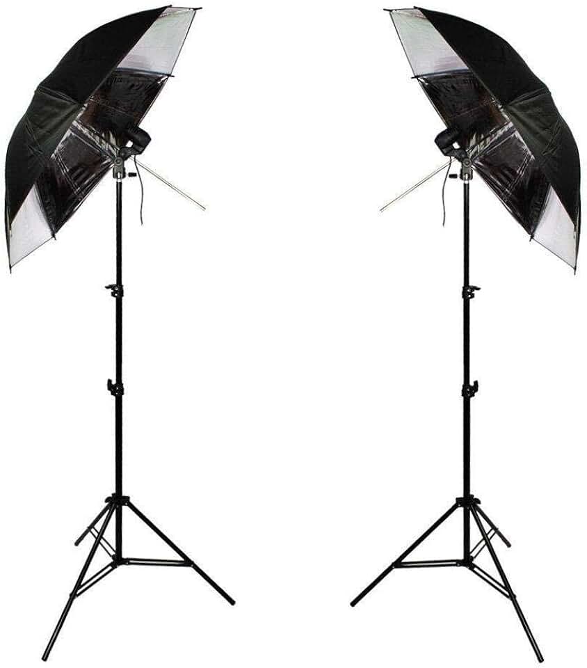 Kit de Iluminação Duplo com Sombrinhas Refletoras Preta e Prata, Tripés de 2 metros e Soquetes Simples Sou Foto para Estúdios Fotográficos