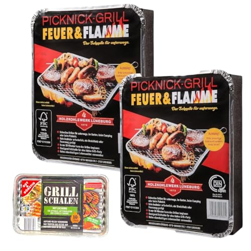 Feuer & Flamme Picknick & Einweggrill (2er Pack) + Gut & Günstig 10 stk. Grillschalen 34x22,5 cm. | perfekt geeignet, um Speisen im Camping schonend und sauber zuzubereiten Feuer & Flamme Picknick & Einweggrill (2er Pack) + Gut & Günstig 10 stk. Grillschalen 34x22,5 cm. | perfekt geeignet, um Speisen im Camping schonend und sauber zuzubereiten