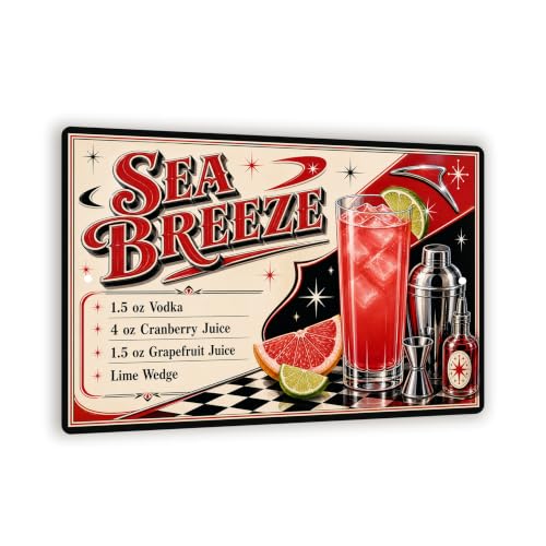 Sea Breeze Recipe Metal Sign - Retro Diner Bar Wall Decor - 8x12 Cocktail Art