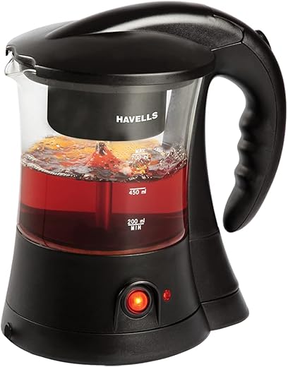 Havells Crystal Tea-Coffee Maker Glass with Filter Basket | Indicator Light | Transparent Glass Carafe 600 W