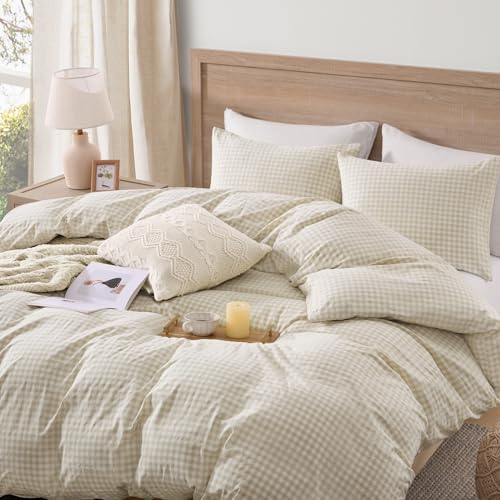 Image of Andency Cream Gingham Duvet Cover Full, 100% Wash Cotton Linen Like Textured Breathable Comforter Cover Set, 3 Piece Beige Classic Yarn-Dyed Checkered Plaid Bedding Set, 79 inch*90 inch