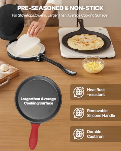 Image of VEVOR Tortilla Press, 10 Inch Cast Iron Tortilla and Roti Maker, Heavy Duty Tortilladora Press, Pataconera Makers with Handle and 100 Pcs Parchment Paper, Dough Taco Press for Flour Tortilla, Tawa