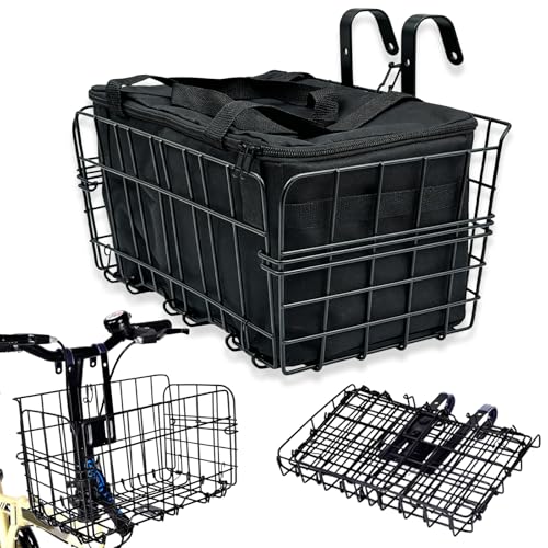 Panier de vélo avant pliable avec sac intérieur amovible, panier arrière de vélo 34 x 19,5 x 22,5 cm, panier de vélo pliable pour VTT et utilisation...