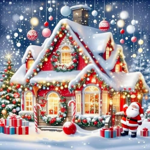 Christmas Diamond Art Kits for Adults Beginners 5D DIY Full Round Drill Diamond Painting Kits Christmas House Paint by Diamonds Dot Gem Art Crystal Winter Home Wall Decor 8x12 Inch