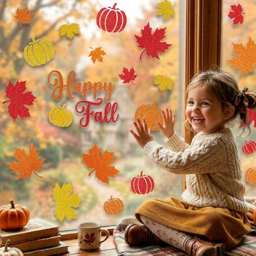 Image of 6 Sheets Fall Window Clings Decor, Glitter Maple Leaf Pumpkin Window Decals | Thanksgiving Window Stickers with Sparkling Powder, Happy Fall Decorations for Home Office School Classroom Indoor Party