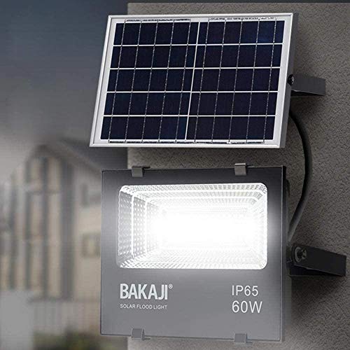 Faro LED exterior de 60 W con panel solar, luz blanca 6000 K, ultraluminoso, 6000 lm, lámpara faro con mando a distancia, función temporizador y sensor crepuscular, focos de bajo consumo IP65 (60 W)