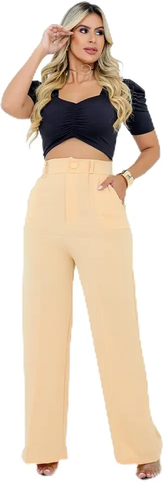 Calça Pantalona Feminina Alfaiataria Cintura Alta Cós Largo, Perna Ampla, Bolsos, Caimento Elegante Social para Trabalho Escritório e Casual