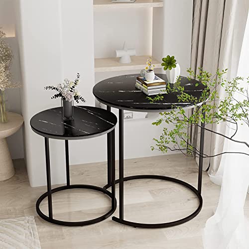 Image of Coffee Tables for Living Room - Small Round Coffee Table Set of 2, Center Table with Solid Wood Table Top and Sturdy Metal Frame, Nesting Tables for Small Spaces -Black