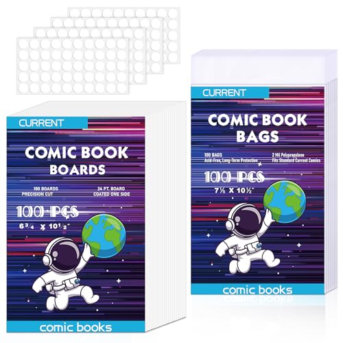 Image of YSCare 100 Pack Current Comic Book Bags and Boards, Thick Acid-Free Comic Books Backing Boards, Clear Book Sleeves Protector for Current Comics Storage and Protection