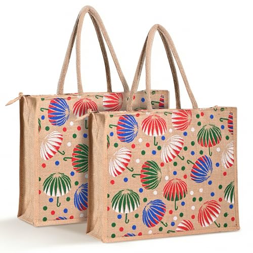 Image of Kuber Industries 2 Pcs Jute Shopping Bag for Women with Handle | Reusable Carry /Shopping Bag for Grocery, fruits & Vegetable | Umbrella Print - Brown