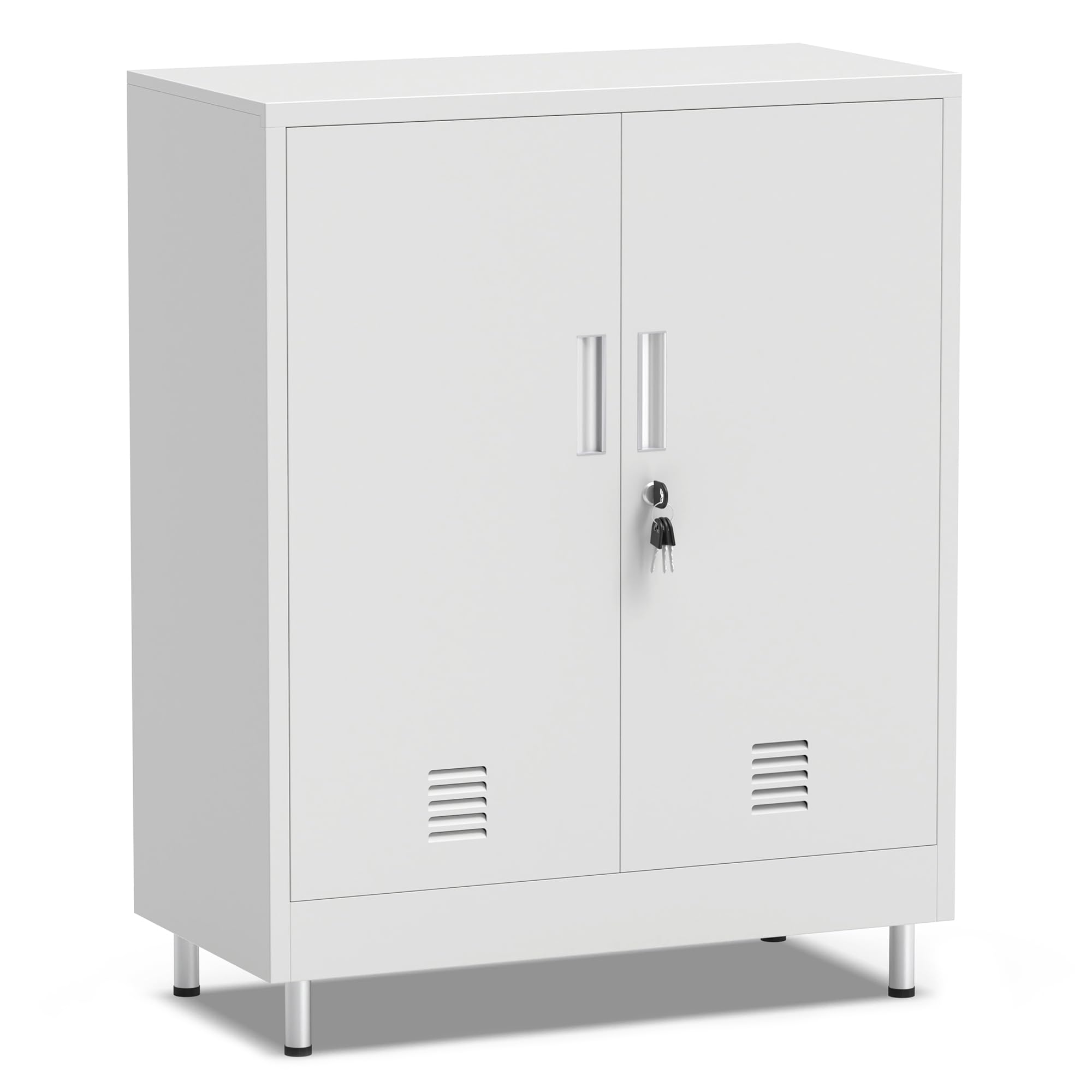 JINGUR Metal Storage Cupboard with Locking Doors and Adjustable Shelves, Lockable Storage Cabinet for Home Office Garage Pantry Entryway Living Room (White)