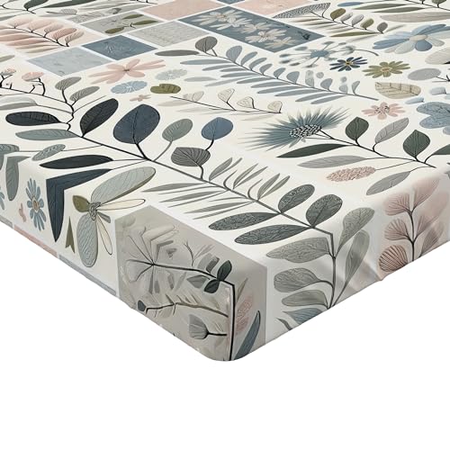 Ambesonne Floral Art Fitted Sheet, Modern Boho Vibes Scandi Leaves and Flowers with Geometric Ornaments, Bed Cover with All-Round Elastic Deep Pocket for Comfort, Queen Size, Blue Grey Blush Ivory
