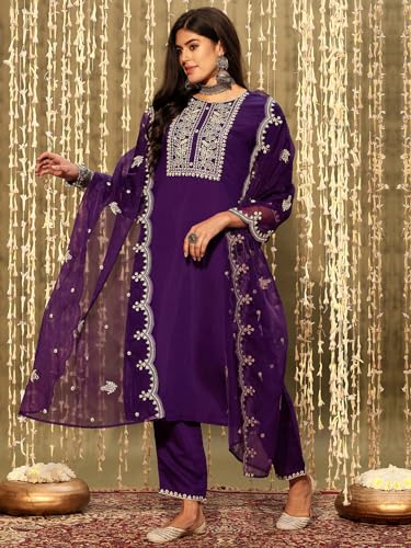 Image of INDO ERA Women's Silk Blend Embroidered Straight Kurta & Pant with Dupatta Set (SHUTR7630)