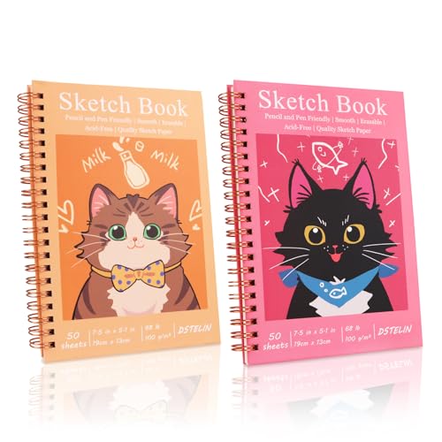 DSTELIN Confezione da 2 quaderni da disegno con copertina rigida (carta da disegno da 100 g/m²), 19,1 x 13 cm, quaderno a spirale per schizzi, disegno, pittura, 50 fogli per confezione, rosso e giallo