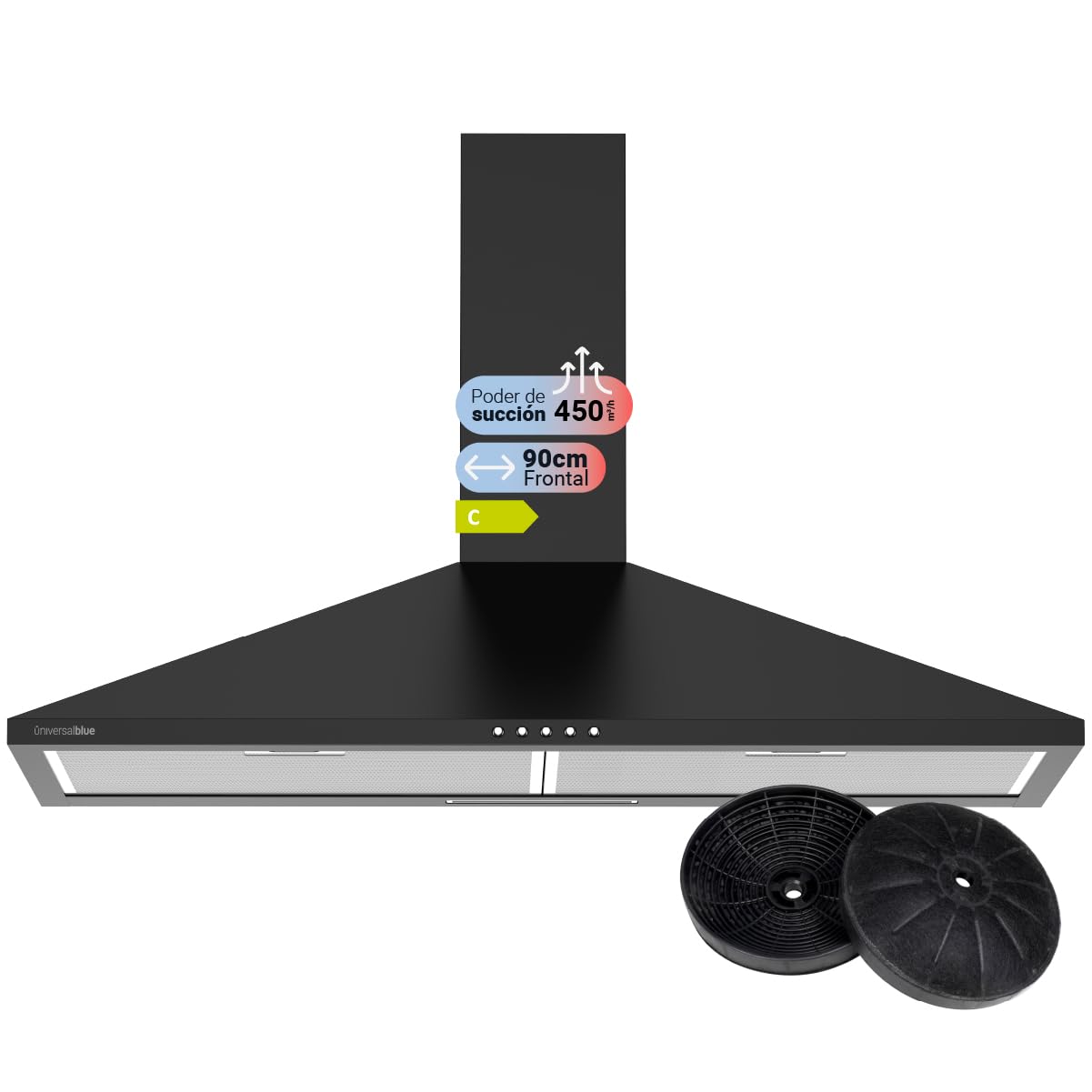 UNIVERSALBLUE Campana Extractora Piramidal Negra 90 cm | Extractor Aire | Filtros de Carbono | 3 Velocidades | Control por Botones | Clase Energética C | Campana Sin Salida de Humos