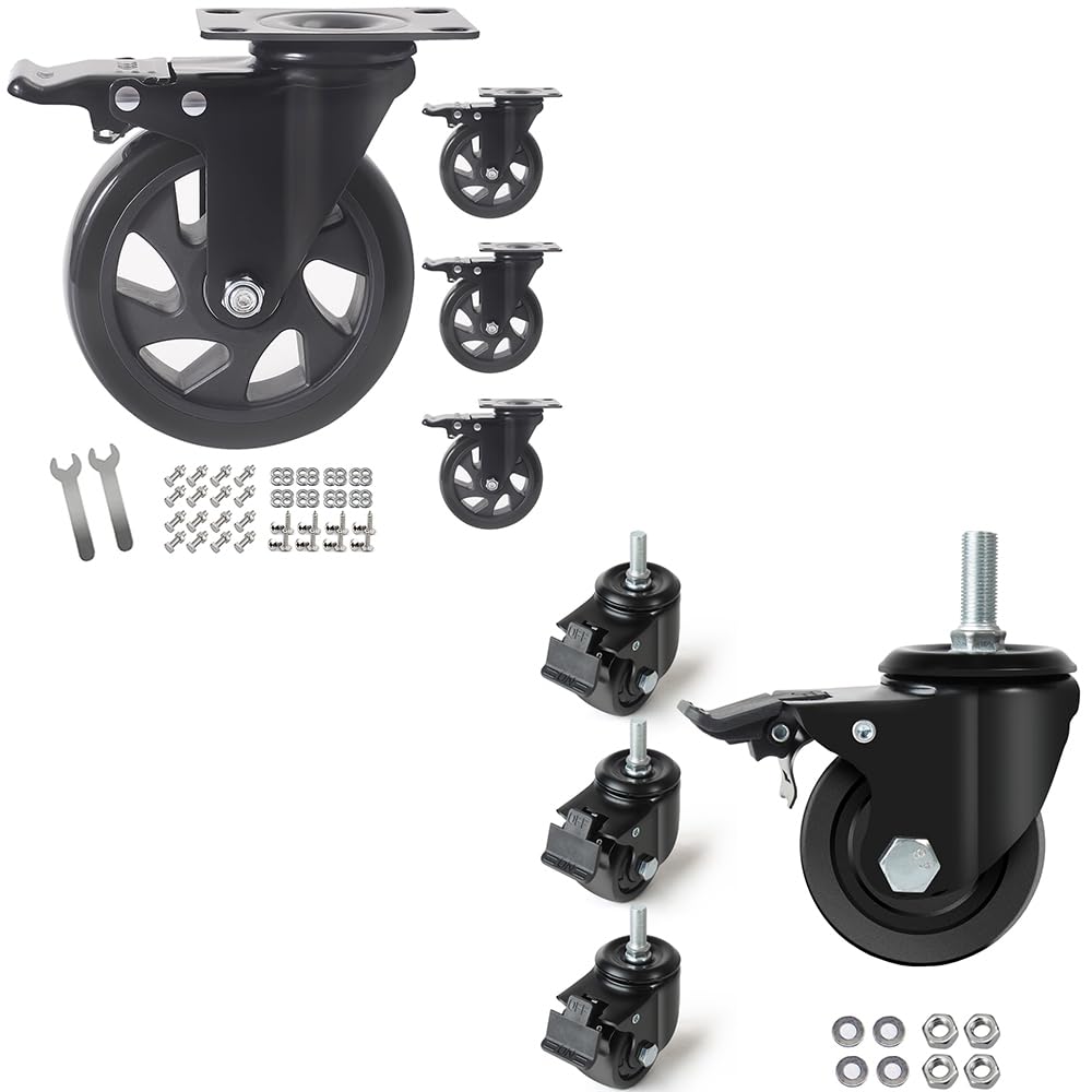 SOHNVWTGD 5 Inch Swivel Caster Wheels Set of 4 and 3 Inch Stem Casters with Brake, Locking Casters for Cart, Workbench and Trolley