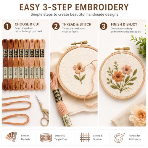 Image of FASHEWELRY 70 Yards Handmade Polyester Embroidery Floss Crewel Cross Stitch Threads 0.5mm 6-Ply Embroidery Thread Bulk for Beginners Adult DIY Sewing Knitting Supplies (Coconut Brown)