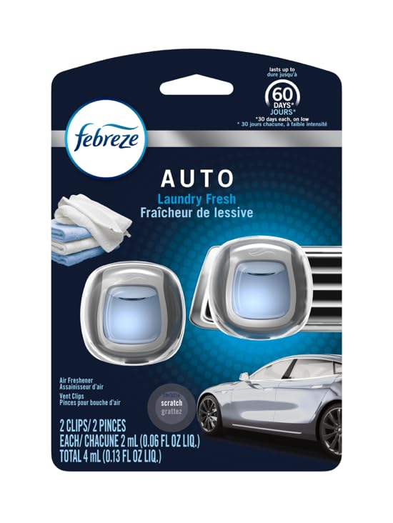 Image of Febreze Car Vent Clip Air Freshener, Odor Eliminator for Up to 30 Days Freshness, 2 Clips (Laundry Fresh)