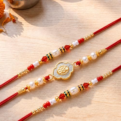 Image of Peora CZ Pearl & Crystals Studded Thread Rakhi for Brother Bhaiya | Combo Set of 3 | Raksha Bandhan Hamper with Roli Chawal & Greeting Card