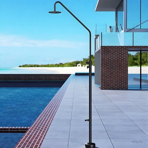 NOLUXA IMEX - Ducha Piscina Exterior Acero S.316 | Ducha Terraza Exterior con Rociador Redondo 250mm | Outdoor Shower para Jardin con Grifo de Pies | Serie Dakota | Color Negro Mate
