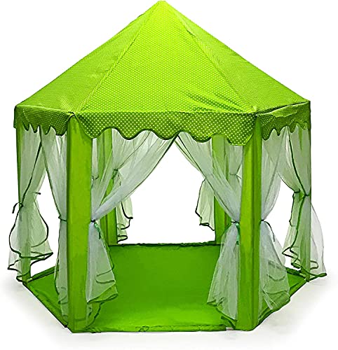 BabyGo Kids Prince Princess Castle Theme Play Tent with Mosquito Net Design for Kids (Green) (140cm x 135cm x 70cm)