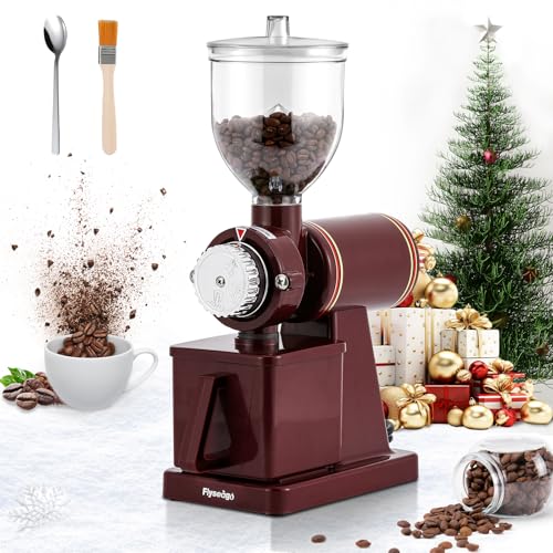 Flyseago Burr Coffee Grinder - Electric Espresso Grinder for Home & Commercial Use, Silent, Adjustable Grind, With Hopper, Brush, Spoon, Red
