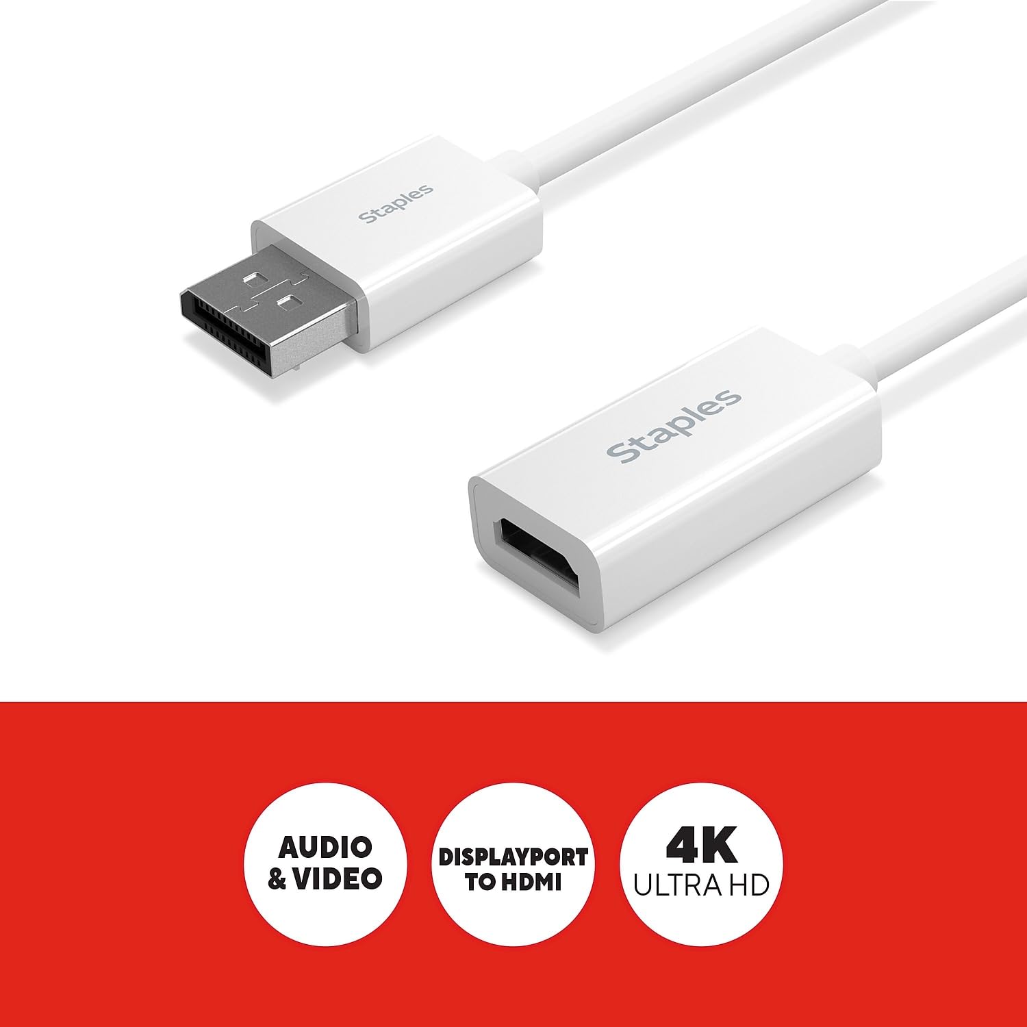 Staples Tech Adaptateur Audio/vidéo DisplayPort vers HDMI, mâle vers Femelle, Blanc (ST62362)
