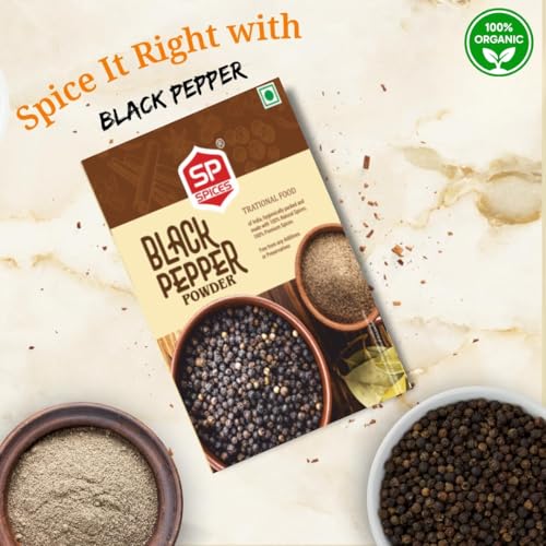 Image of SP Spices Kashmiri Mirch, Chaat Masala, Amchur, Ginger Powder & Kasoori Methi Combo Pack | Premium Indian Spices | Perfect for Cooking, Snacks, Chaat, Curries , vegetables & Marinades (50g kali mirch Powder)