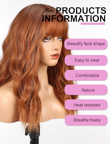 WOKESTAR Long Wig with Fringe Synthetic Wavy Wigs for Women Ginger Color, 22 inches - Image 4