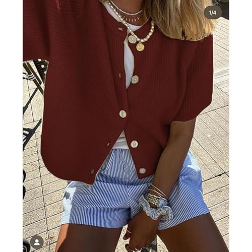 Image of Women Y2k Knitted Crop Cardigan Shirt Short Sleeve Button Down Ribbed Knit Crop Top Outwear Top Tee Shirt