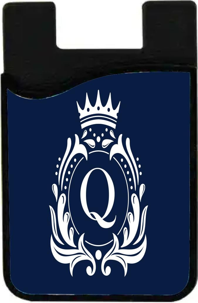 Island Gifting - Letter Q Monogram - Fancy Crown on Dark Blue Design - Stick-on ID Card Holder for iPhone/Galaxy/Google Android Cases