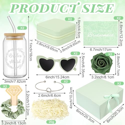 Bridesmaid Proposal Gifts Set 2 - Will You Be My Bridesmaid Kit with Elegant Box Jewelry Box Glass Cup Invited Cards Knotted Bracelets Sunglasses Scrunchies Raffia Grass (Green, 18Pcs)2