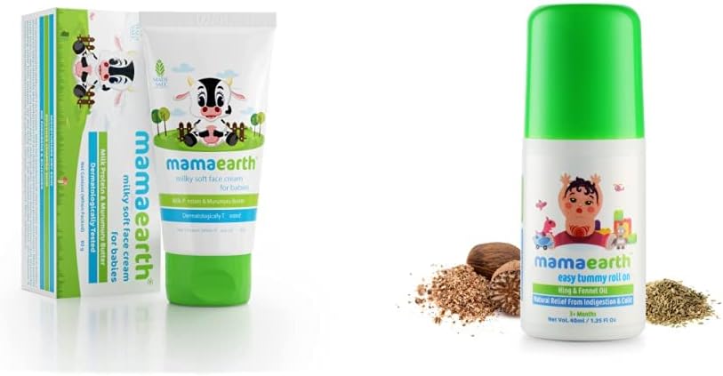 Mamaearth Milky Soft Natural Baby Face Cream for Babies 60Ml and Mamaearth Easy Tummy Roll On for Colic & Gas Relief with Hing & Fennel Oil 40Ml (for External Use)