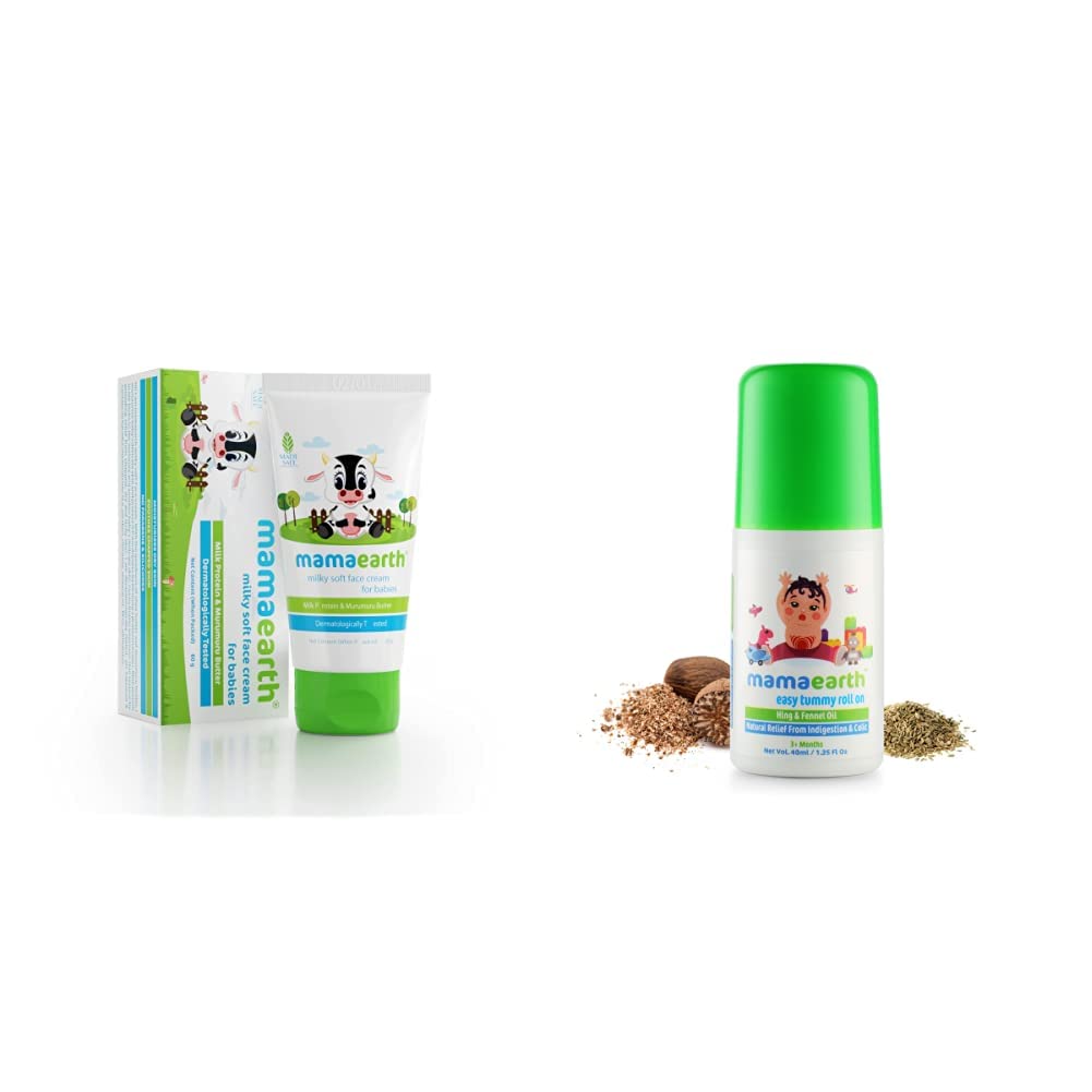 Mamaearth Milky Soft Natural Baby Face Cream for Babies 60Ml and Mamaearth Easy Tummy Roll On for Colic & Gas Relief with Hing & Fennel Oil 40Ml (for External Use)